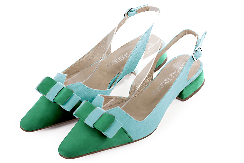 Emerald green and aquamarine blue women's open back shoes, with a knot. Tapered toe. Flat block heels - Florence KOOIJMAN